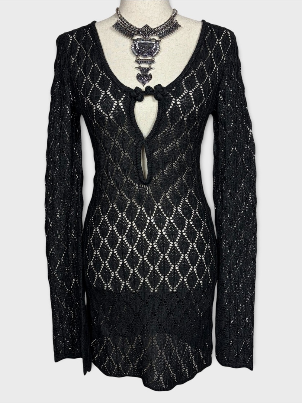 Open Knit Sweater Dress Small Medium Deep V Grunge Whimsigoth Goth Vamp Black